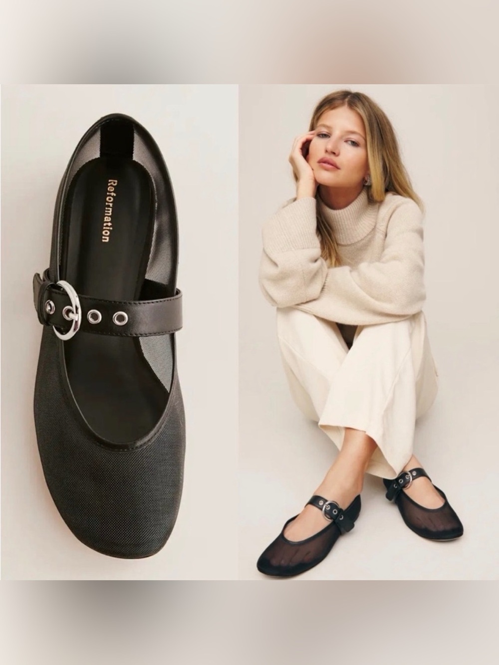Reformation Bethany Ballet Flat Black Mesh Size 8.5